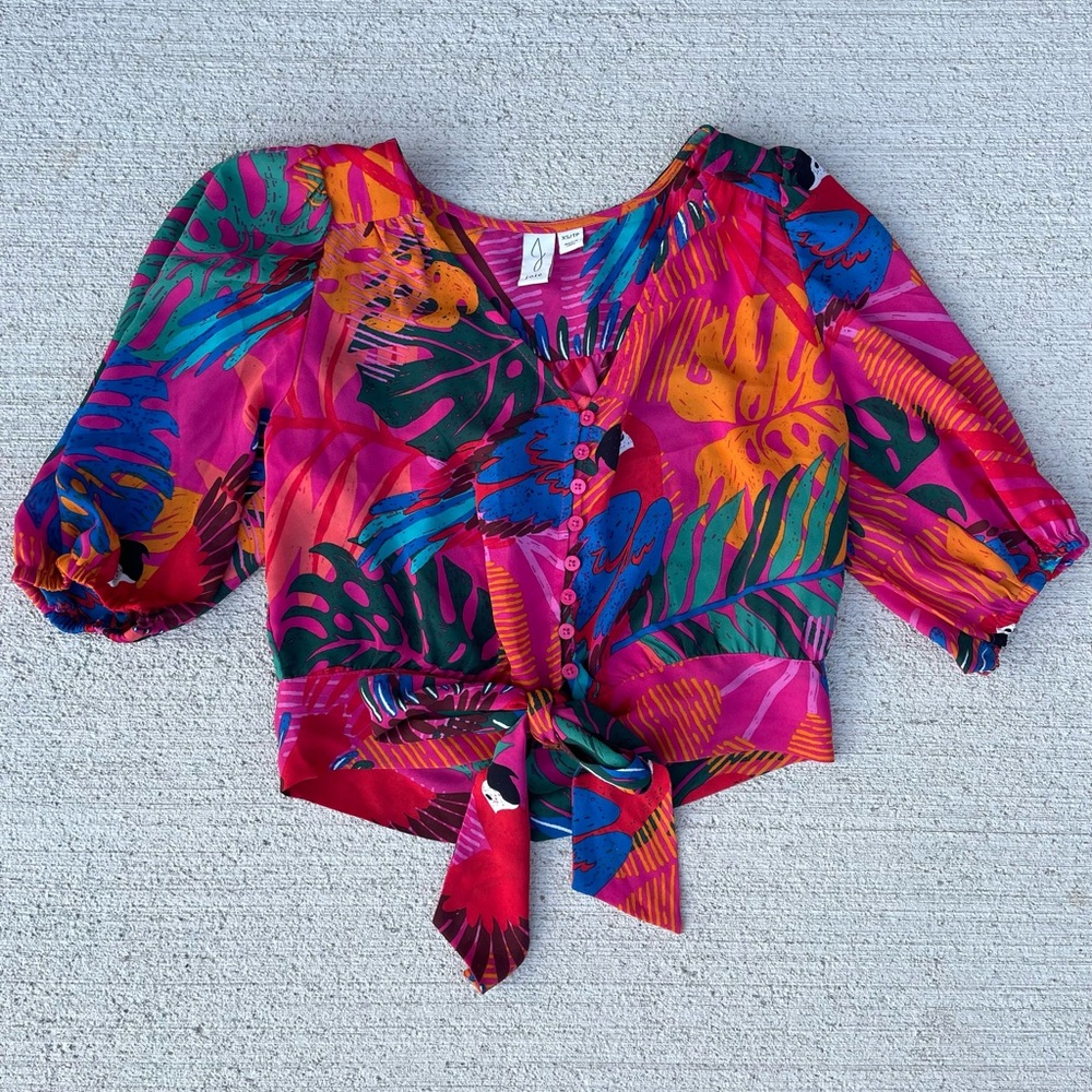 Joie Tropical Parrot Print Tie Front Crop Blouse XS Resort Vacation Top